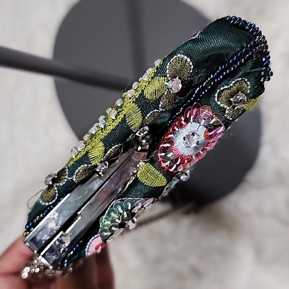 Vintage Retro Evening Green Sequined Beaded Clutch Bag - Picture 6 of 13